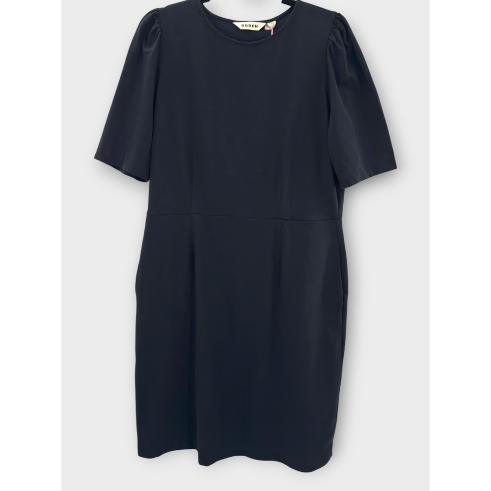 Boden Jersey Puff Sleeve Dress Women 12L Black Midi Slub Knit Pockets Modest